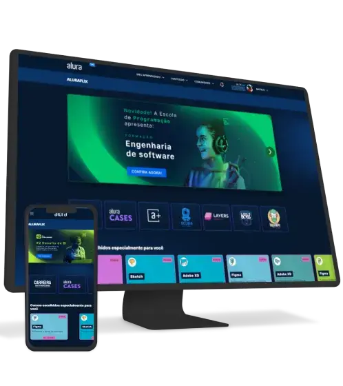 Um monitor e um celular com o Alura Plus aberto